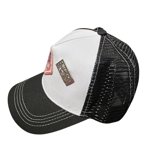 Upcycled Women's Black and White Trucker Hat With Mother Pin - Picture 3 of 11